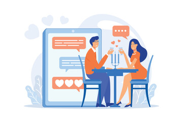 Man and woman using online dating app on smartphone and meeting at table, tiny people. Blind date, speed dating, online dating service concept. flat vector modern illustration