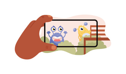 Augmented reality game, hand holds smartphone with cute monsters, flat vector illustration isolated on white background.