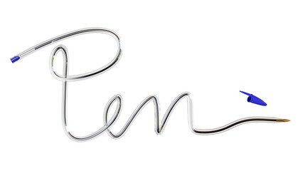 3D Pen Spelling the Word Pen in a Continuous Line Isolated on White Background