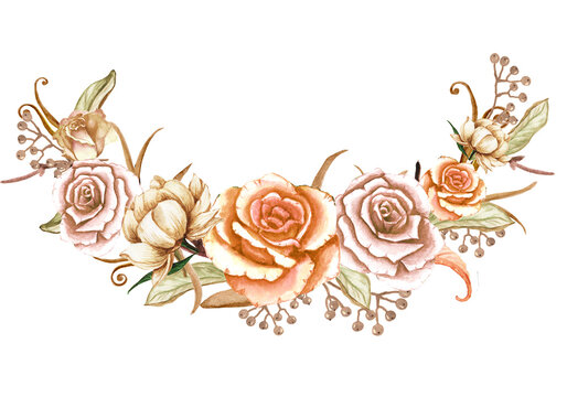 Watercolor gold bouquet with boho watercolor flowers of beige peach roses and leaves. Perfect for a wedding invitation, greeting card. Festive hand painted decoration .