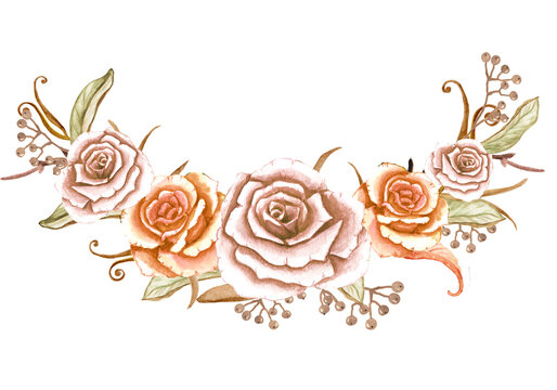 Watercolor gold bouquet with boho watercolor flowers of beige peach roses and leaves. Perfect for a wedding invitation, greeting card. Festive hand painted decoration .
