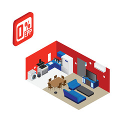 A vector of isometric house interior with 0% EPP tag. Easy Payment Plan concept for household equipment, furniture and appliances