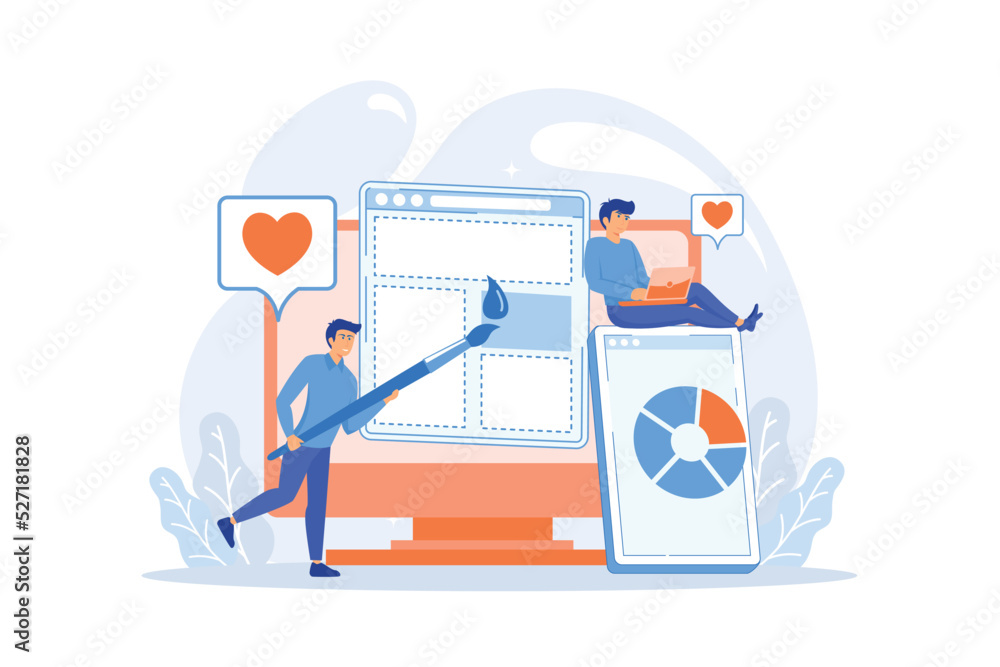 Poster people drawing web page elements on the smartphone and lcd screen. front end development it concept.