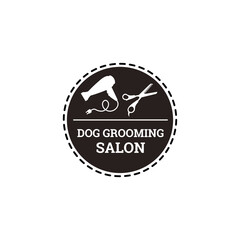 Dog grooming salon emblem or label, black and white vector illustration isolated.