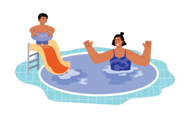 Swimming pool or aqua park pool with mother and child, flat vector isolated.