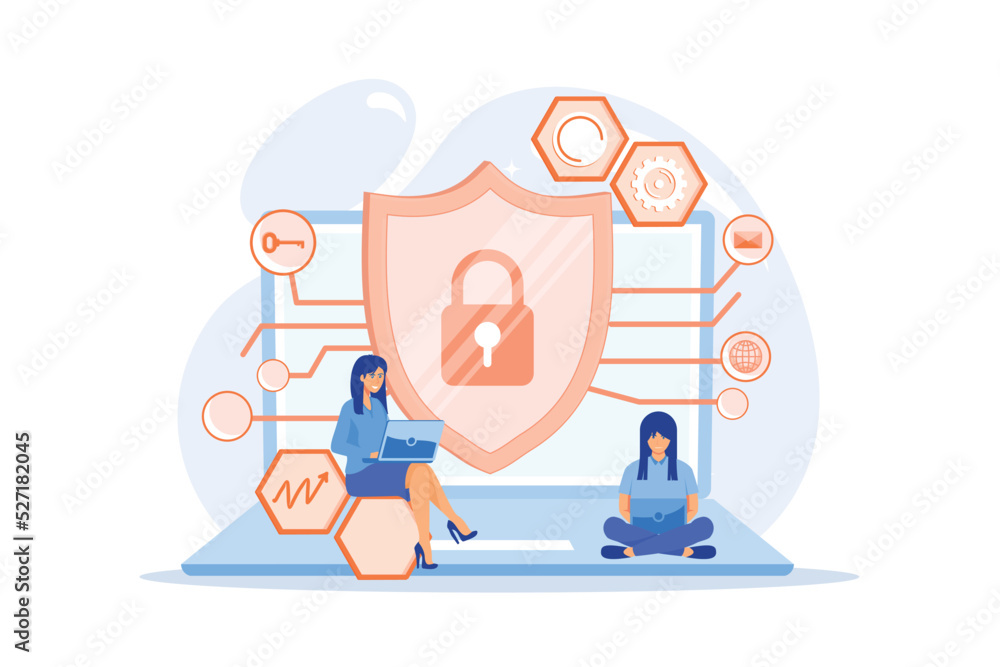 Poster privacy engineer at laptop with shield improving level of systems privacy. privacy engineering, priv