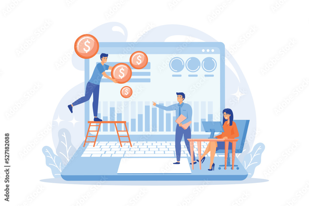 Poster tiny business people and analysts transforming data into money. data monetization, monetizing of dat