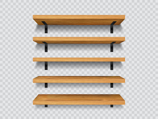 Wooden store shelves, 3d vector empty bookshelves hanging on wall. Brown timber planks for storage or gallery exhibition. Wood rack for food grocery products, books. Realistic stand mockup © Vector Tradition