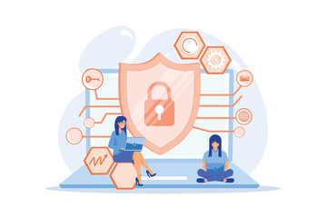 Privacy engineer at laptop with shield improving level of systems privacy. Privacy engineering, privacy-centric model, personal data defence concept. flat vector modern illustration