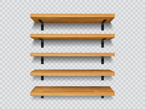 Wooden store shelves, 3d vector empty bookshelves hanging on wall. Brown timber planks for storage or gallery exhibition. Wood rack for food grocery products, books. Realistic stand mockup