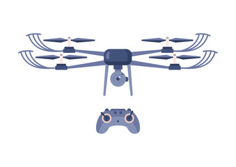 Drone with camera and remote control flat style, vector illustration