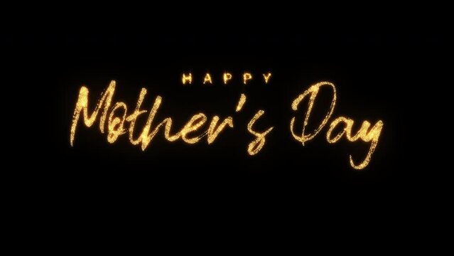 Abstract loop of golden text star glow flickering Happy Mothers Day text on black background Happy Mothers Day text with looping flickering gold glowing light texture.