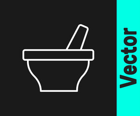 White line Mortar and pestle icon isolated on black background. Vector