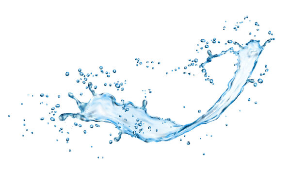 Blue water wave flow splash shape. Isolated water swirl with vector realistic drops, bubbles and droplets. Clear transparent wave of drinking water, ocean or sea aqua stream with ripple texture