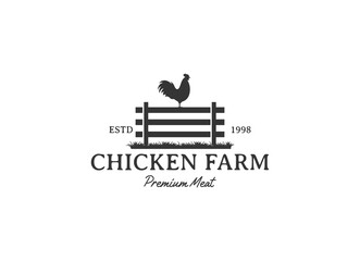Fototapeta na wymiar chicken farm logo vector illustration design, rooster on fence vintage logo design
