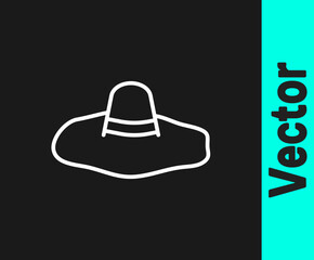 White line Elegant women hat icon isolated on black background. Vector