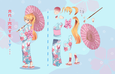 Anime girl in kimono with umbrella characters for animation - obrazy, fototapety, plakaty