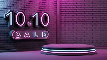 3d render 10.10 sale podium product promotion with neon light
