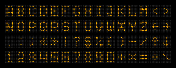 Scoreboard font, LED board alphabet or airport display type letters, vector digital panel. Scoreboard font with numbers of electric led dots, score board or electronic timetable type with lamp digits