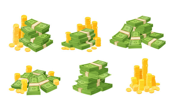 Cartoon money, paper cash banknotes and golden coins, vector dollar stacks. Bank currency bills, cash golden coin piles, hips and green dollar banknote bundles for finance, profit and investment