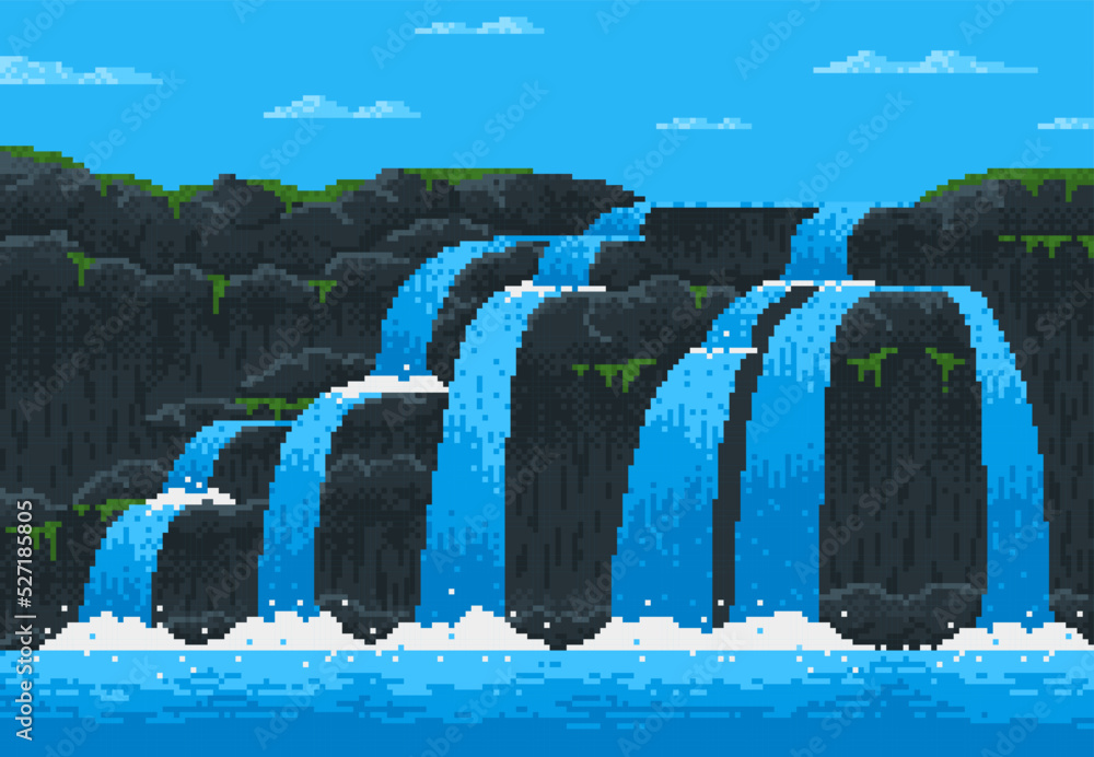 Poster 8 bit pixel game waterfall cascade landscape for video arcade level, vector background. 8bit water f