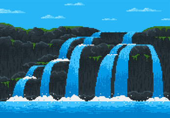 8 bit pixel game waterfall cascade landscape for video arcade level, vector background. 8bit water fall from mountain rock to sea or ocean, island adventure pixel game cartoon waterfall landscape