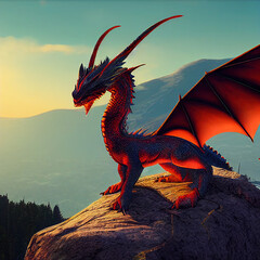 Red Dragon on the Mountain Top. Animal Character Design. Fantastic Style. Concept Art Scenery. Book Illustration. Video Game Scene. Serious Digital Painting. CG Artwork Background.
