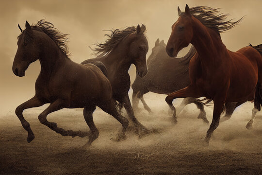 Galloping Horses on Fantasy Sand Land. Beautiful Animal Creatures. Running Horses. Concept Art Scenery. Book Illustration. Video Game Scene. Serious Digital Painting. CG Artwork Background.

