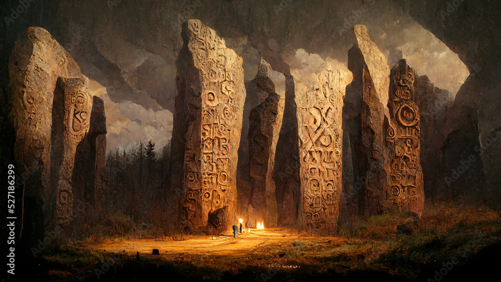 Wall mural ancient stone stela with patterns. weird, strange and mystery alien stone pillars at night. concept  - Wall murals