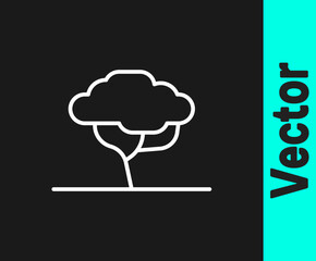 White line African tree icon isolated on black background. Baobab, acacia and other. Vector