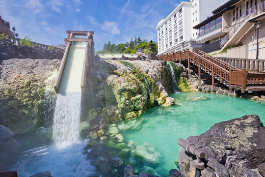 Yubatake onsen, hot spring wooden boxes with mineral water in Kusatsu onsen, Gunma prefecture, Japan