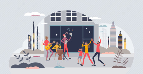 Street music and urban performance in city with band tiny person concept. Artistic show with singing and drums playing as fun outdoor event for pedestrians vector illustration. Corner jam atmosphere.