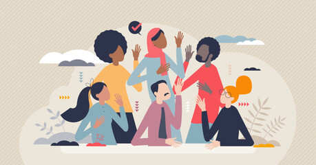 Multiculturalism and different racial diversity society tiny person concept. Community with various culture and race differences vector illustration. Integration and friendly solidarity for all groups