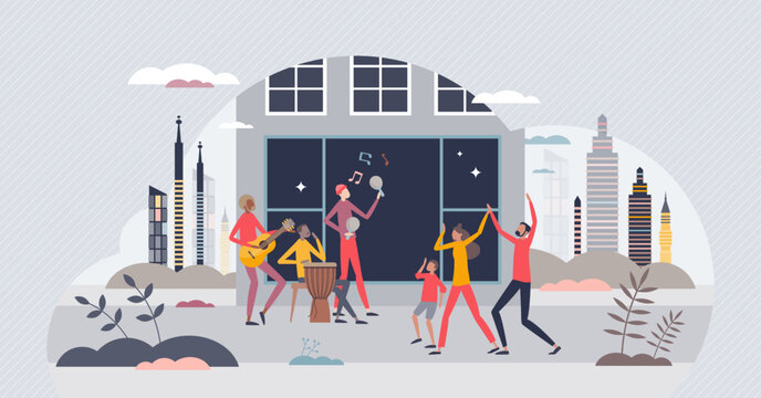 Street Music And Urban Performance In City With Band Tiny Person Concept. Artistic Show With Singing And Drums Playing As Fun Outdoor Event For Pedestrians Vector Illustration. Corner Jam Atmosphere.