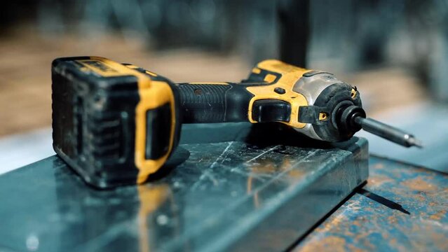 Handheld Cordless Drill On Stainless Steel Square Bar. - close up