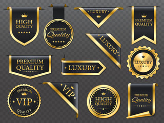 Premium, luxury golden labels, banners and ribbon corners, vector premium quality badges. Luxury tags and VIP product gold emblems or sticker seals with premium quality star and crown on silky ribbon - obrazy, fototapety, plakaty