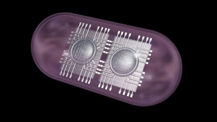 Bioelectronics . Microchip in pill capsule. Electronic components inside tiny capsule . Ingestible miniature  technology inside pill. 3d render illustration