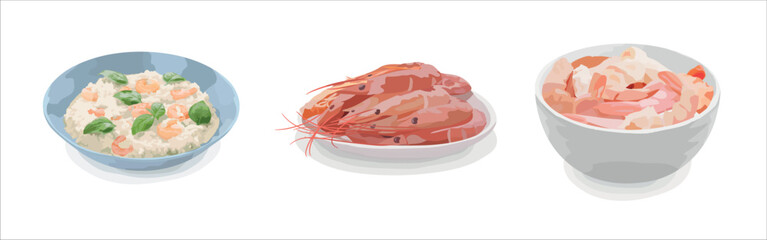 Group of tasty dishes with shrimps on white background