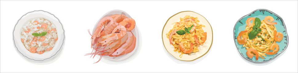 Set of tasty dishes with shrimps on white background