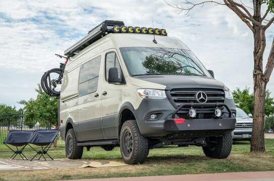Loveland, CO, USA - August 26, 2022: Storyteller Overland Mode, 4x4 camper van on Mercedes Sprinter chassis.