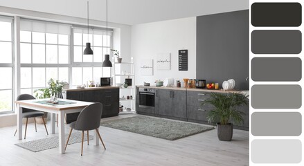 Interior of modern grey kitchen. Different color patterns
