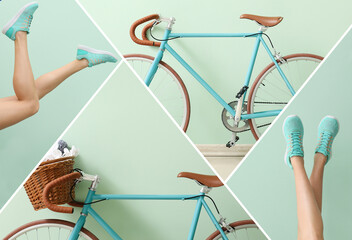 Collage of bicycles and legs of young woman in sports shoes on mint background