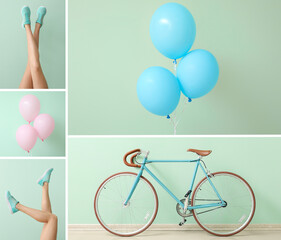 Collage of bicycle with balloons and legs of young woman in sports shoes on mint background