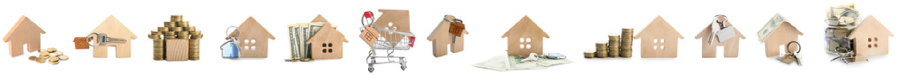 Set of house figures with key and money on white background