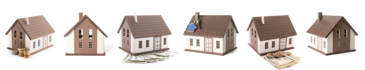 Set of house figures with key and money on white background