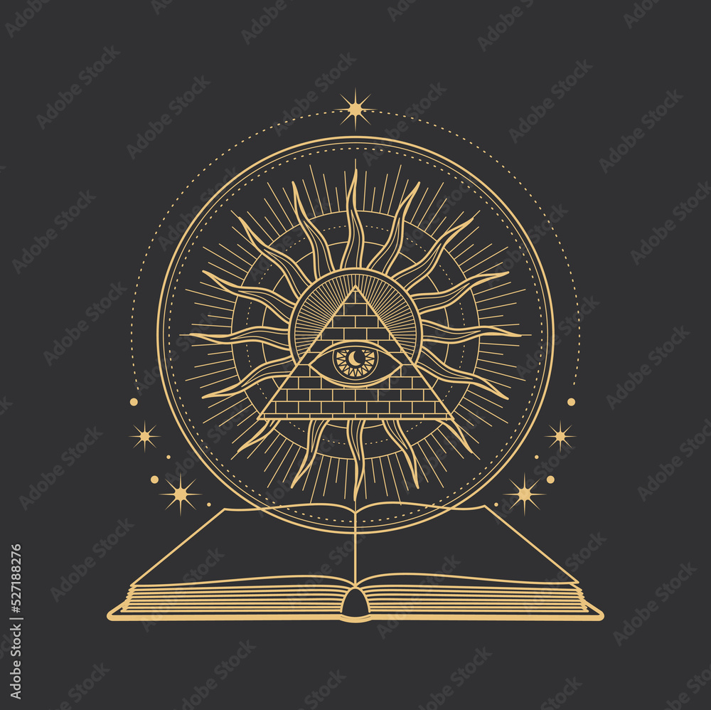 Wall mural Esoteric tarot symbol, pyramid, eye and spell book in magic pentagram, vector occult sign. Occultism, alchemy and witchcraft symbol of sun and all seeing eye in Egypt pyramid with black magic book