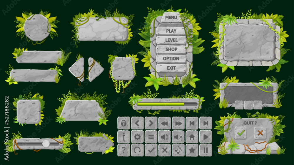 Poster stone game interface. ui game buttons, gui elements and icons. game interface bars, sliders and butt