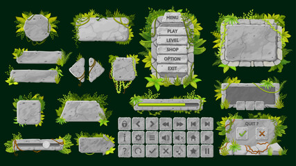 Stone game interface. UI game buttons, GUI elements and icons. Game interface bars, sliders and buttons with stone texture and jungle fern, liana plants, GUI banners and pointers, stone arrows - obrazy, fototapety, plakaty