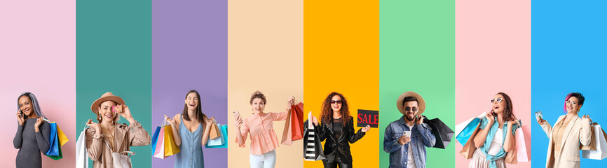 Set of happy people after shopping on colorful background
