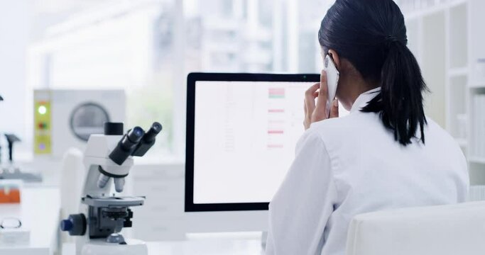 Computer, data and scientist in lab on a phone call communication to colleague, partner or boss back view. Science, research and woman analyze digital information of bacteria, virus or medical study